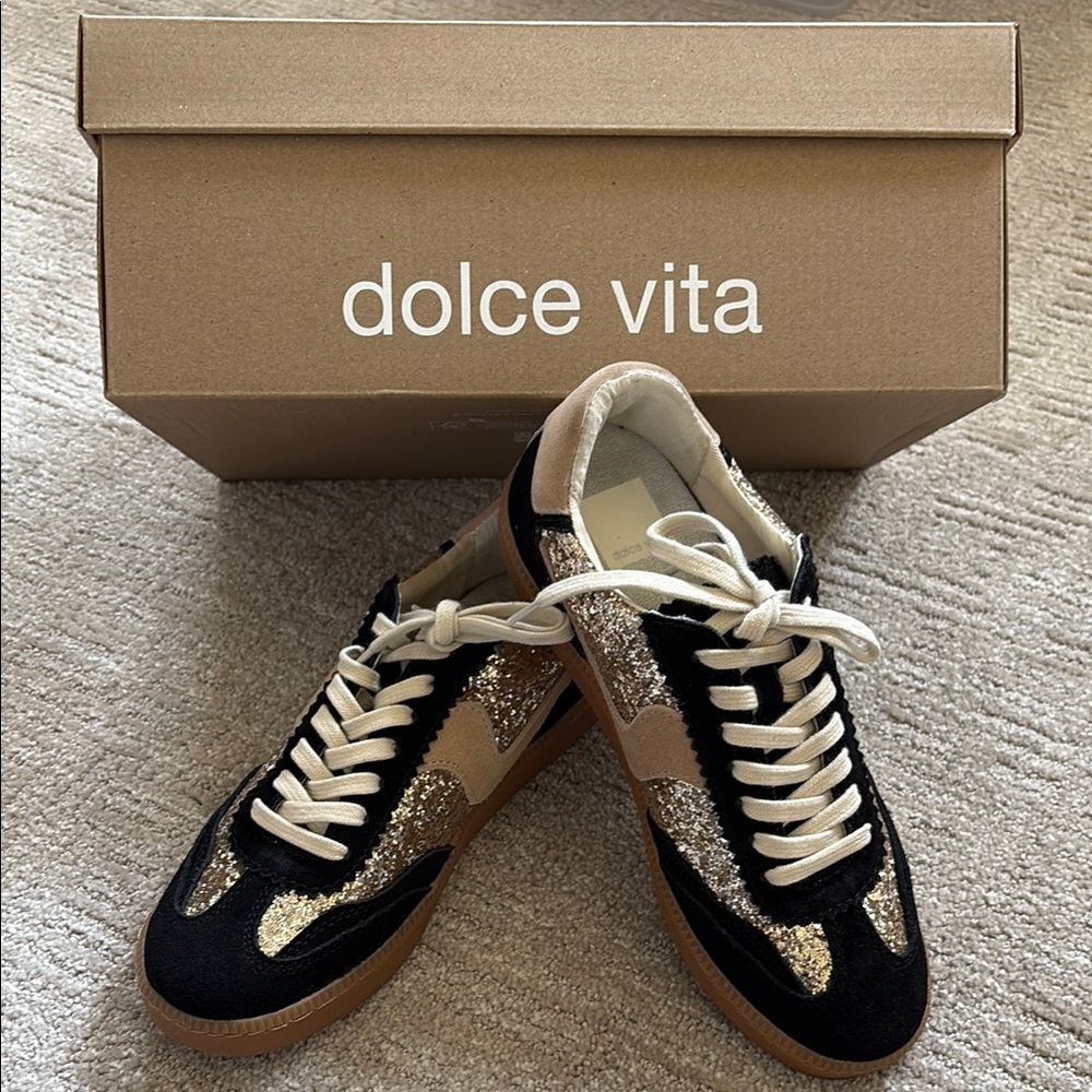 Dolce Vita Notice Black and Gold Glitter Sneakers, worn once. Super comfortable